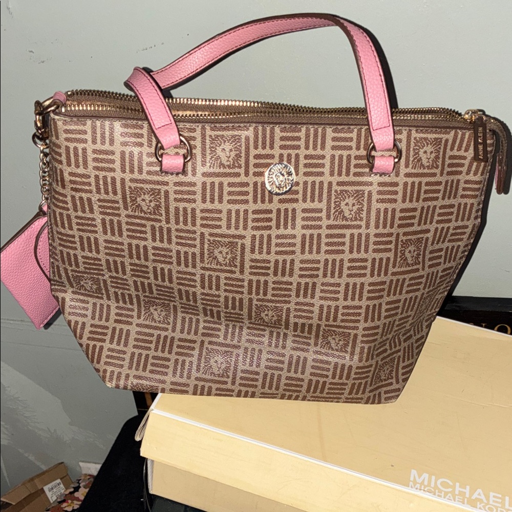 Anne Klein Geometric Brown and Pink Tote